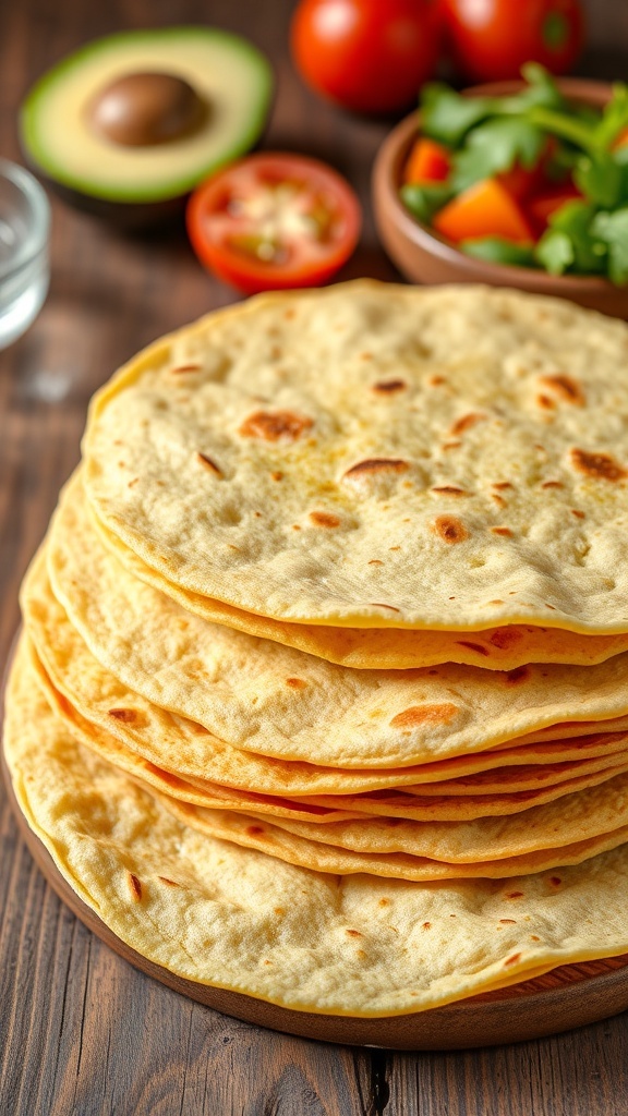 A stack of thick corn tortillas on a wooden table with fresh ingredients for tacos.